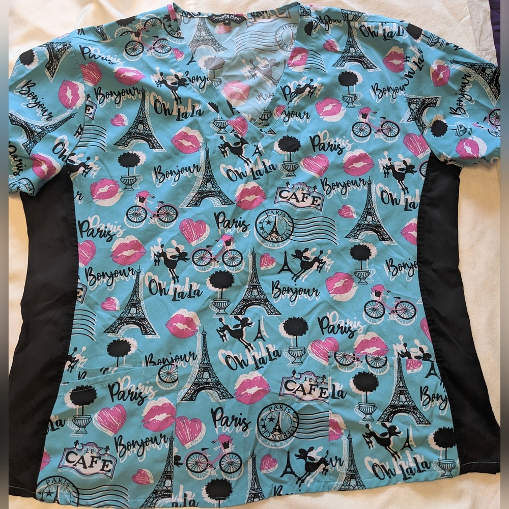 Samantha Mara 4 Way Stretch Paris Themed V-Neck Scrub Top